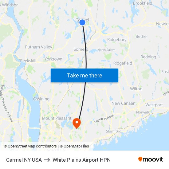 Carmel NY USA to White Plains Airport HPN map