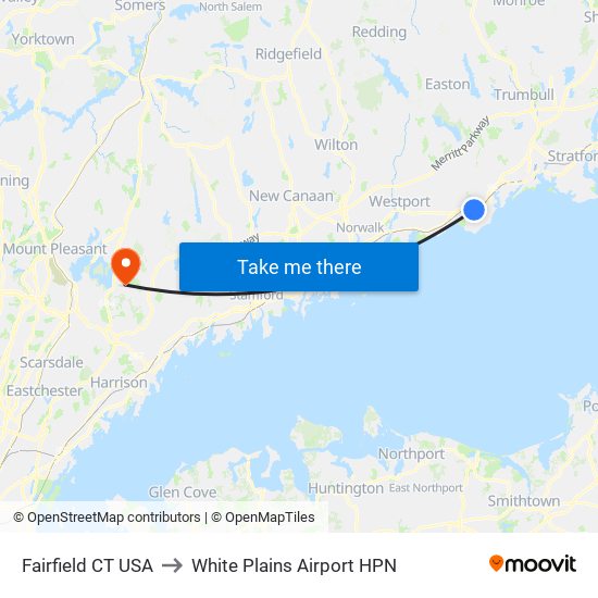 Fairfield CT USA to White Plains Airport HPN map