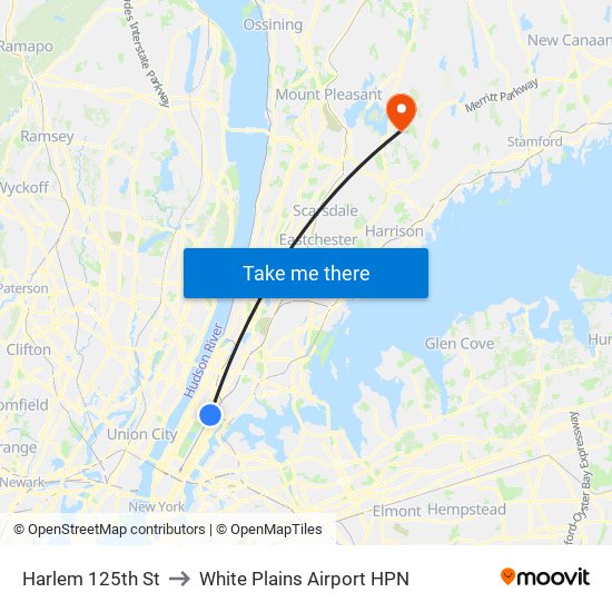 Harlem 125th St to White Plains Airport HPN map