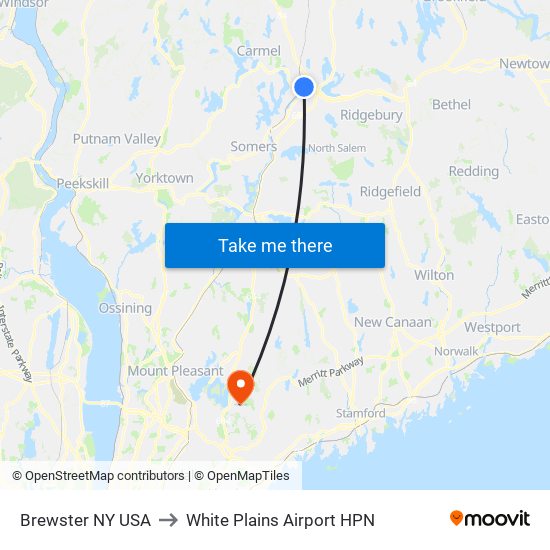 Brewster NY USA to White Plains Airport HPN map