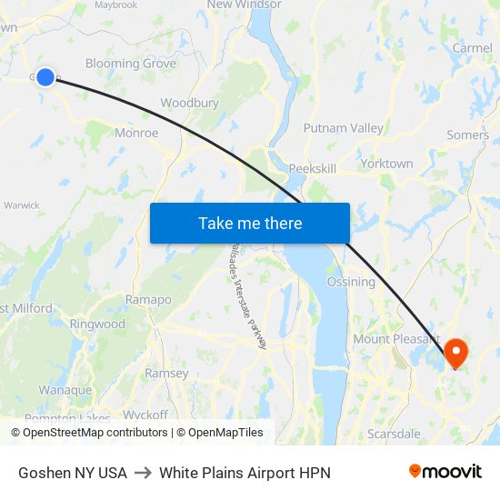 Goshen NY USA to White Plains Airport HPN map