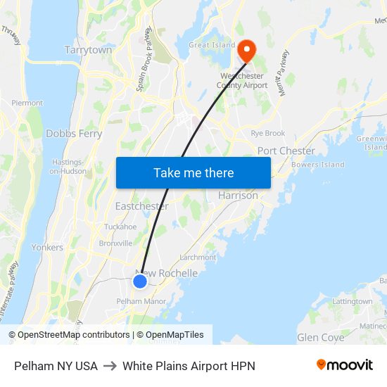 Pelham NY USA to White Plains Airport HPN map