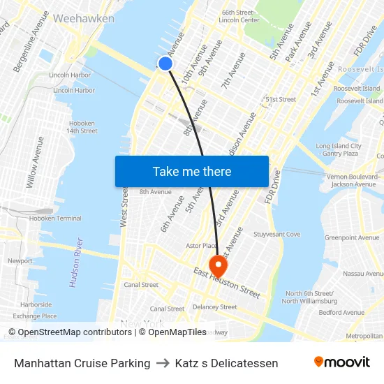 Manhattan Cruise Parking to Katz s Delicatessen map