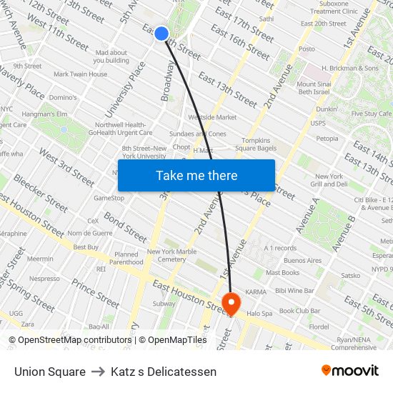 Union Square to Katz s Delicatessen map