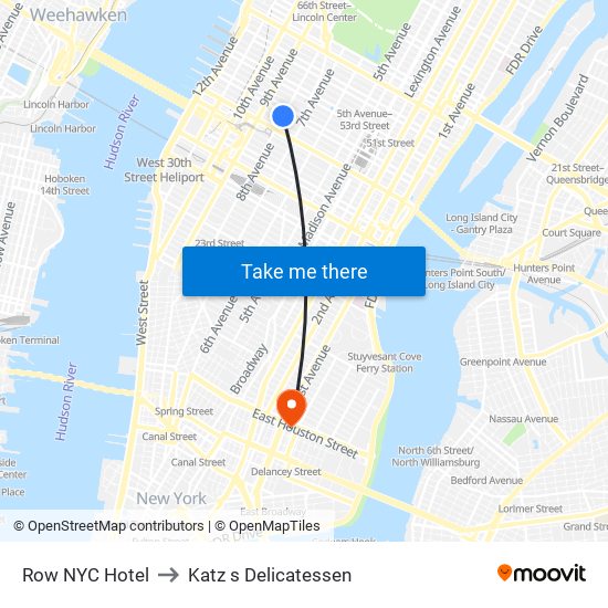 Row NYC Hotel to Katz s Delicatessen map