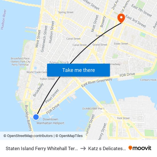 Staten Island Ferry Whitehall Terminal to Katz s Delicatessen map