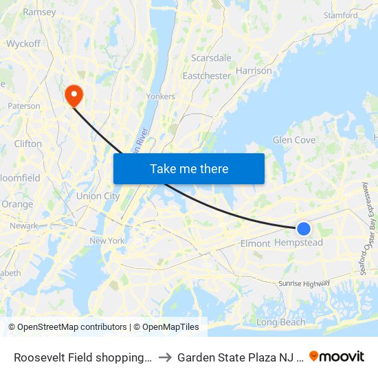 Roosevelt Field shopping mall to Garden State Plaza NJ USA map