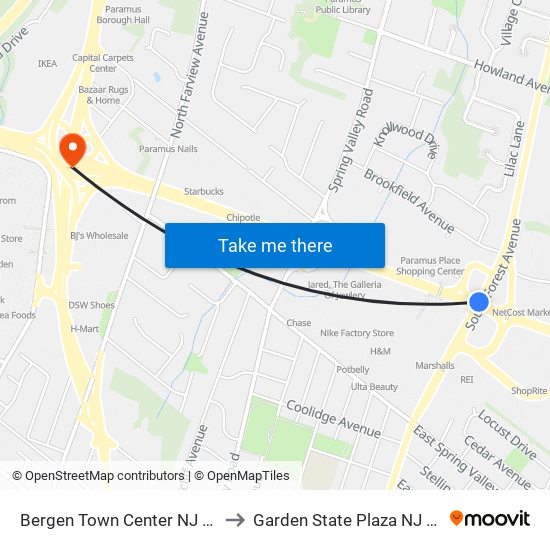 Bergen Town Center NJ USA to Garden State Plaza NJ USA map