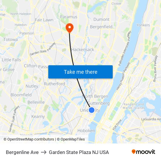 Bergenline Ave, West New York, NJ 07093 to Garden State Plaza NJ USA map
