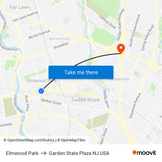 Elmwood Park to Garden State Plaza NJ USA map