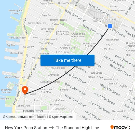 New York Penn Station to The Standard High Line map