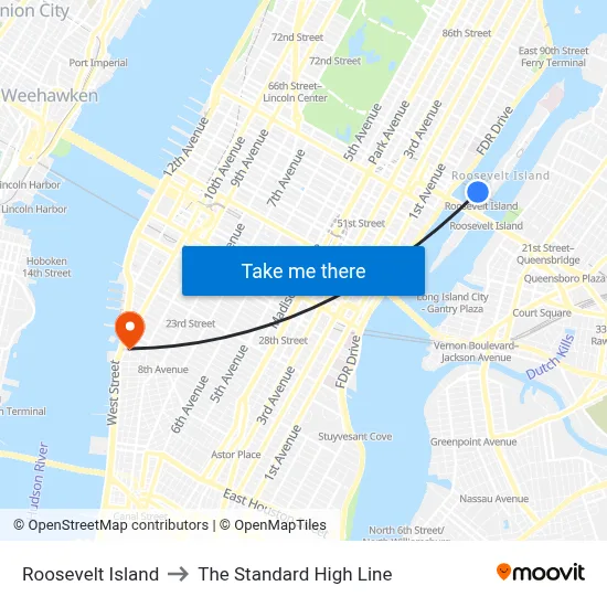 Roosevelt Island to The Standard High Line map