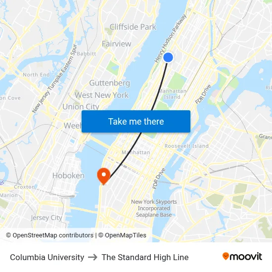 Columbia University to The Standard High Line map