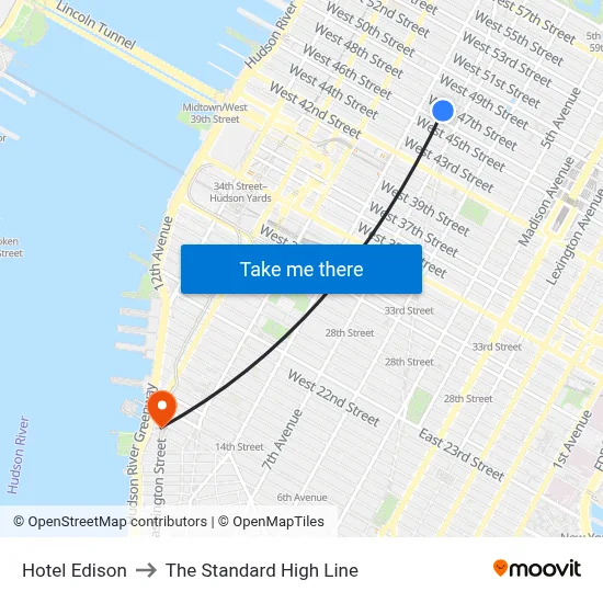Hotel Edison to The Standard High Line map