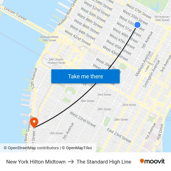 New York Hilton Midtown to The Standard High Line map