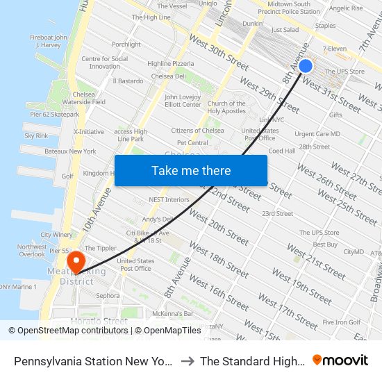 Pennsylvania Station New York City to The Standard High Line map