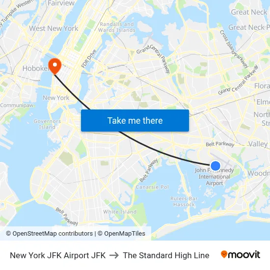 New York JFK Airport JFK to The Standard High Line map