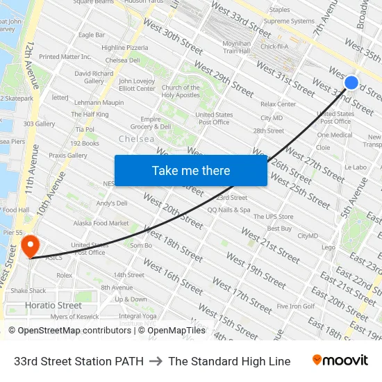 33rd Street Station PATH to The Standard High Line map