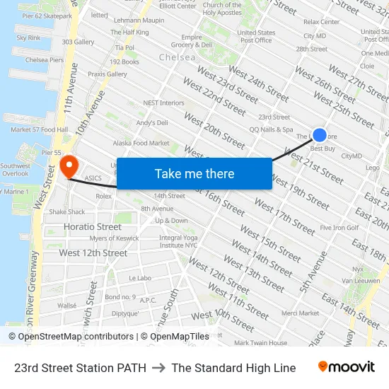 23rd Street Station PATH to The Standard High Line map