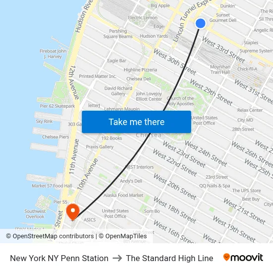 New York NY Penn Station to The Standard High Line map