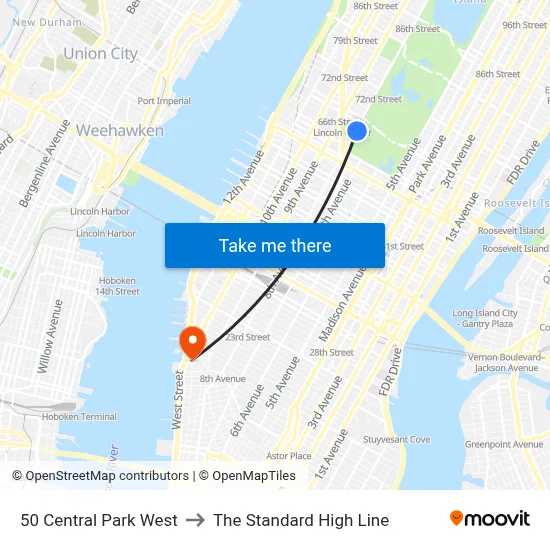 50 Central Park West to The Standard High Line map