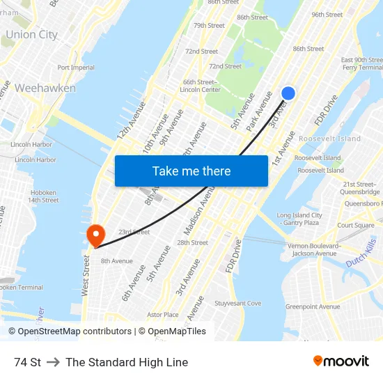 74 St to The Standard High Line map