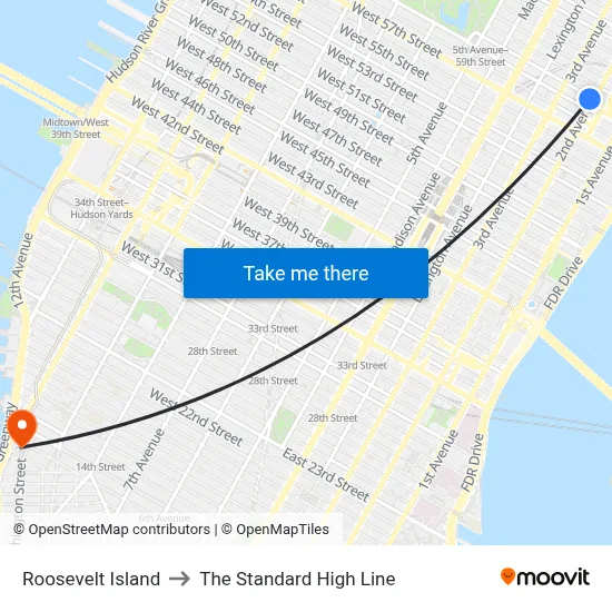 Roosevelt Island to The Standard High Line map
