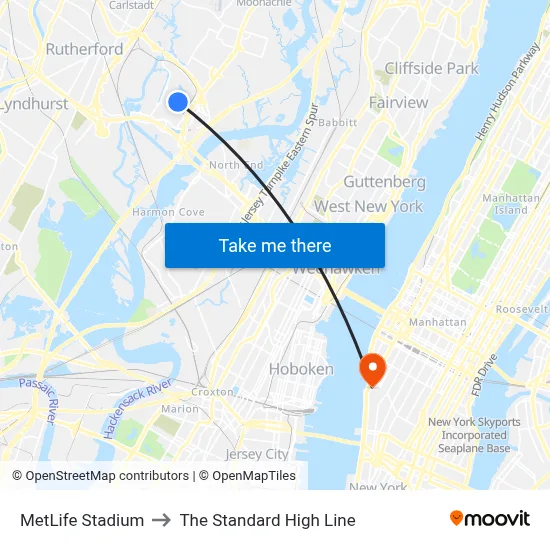 MetLife Stadium to The Standard High Line map