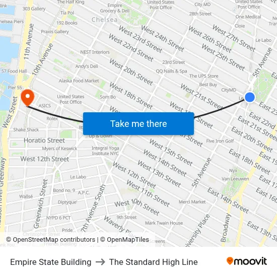 Empire State Building to The Standard High Line map
