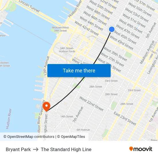 Bryant Park to The Standard High Line map