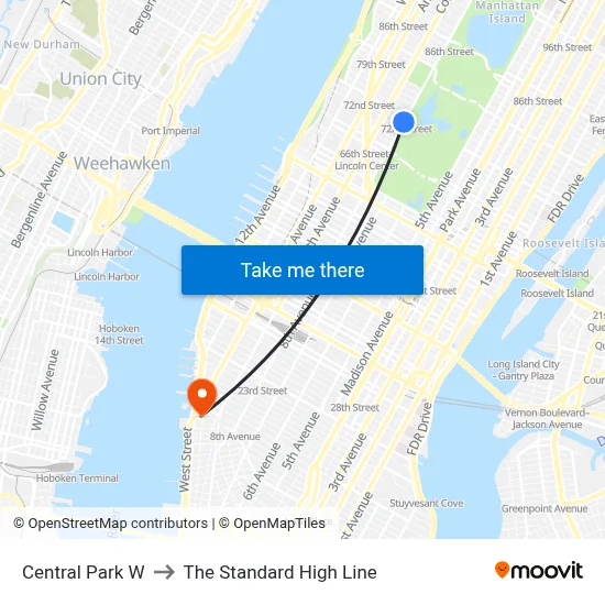 Central Park W to The Standard High Line map
