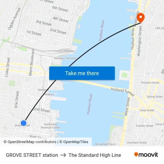 GROVE STREET station to The Standard High Line map