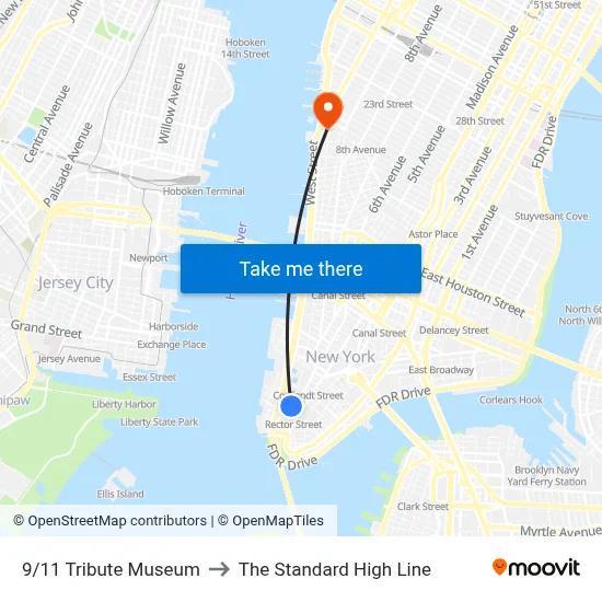 9/11 Tribute Museum to The Standard High Line map