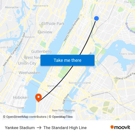 Yankee Stadium to The Standard High Line map
