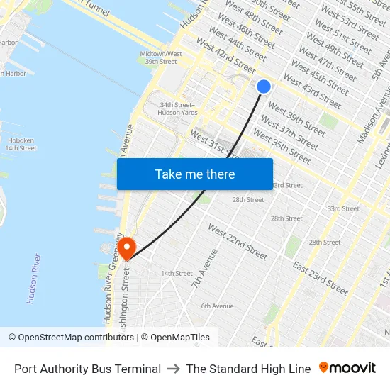Port Authority Bus Terminal to The Standard High Line map