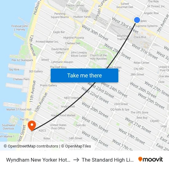 Wyndham New Yorker Hotel to The Standard High Line map