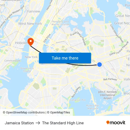 Jamaica Station to The Standard High Line map