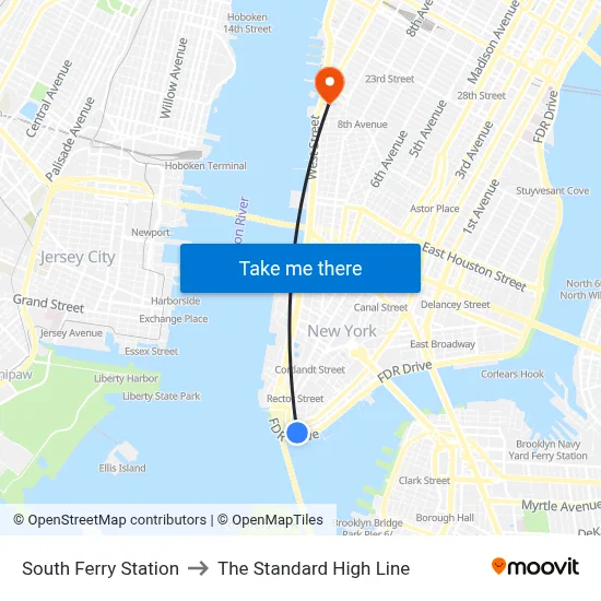South Ferry Station to The Standard High Line map