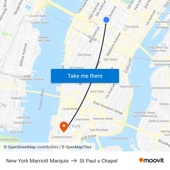 New York Marriott Marquis to St Paul s Chapel map