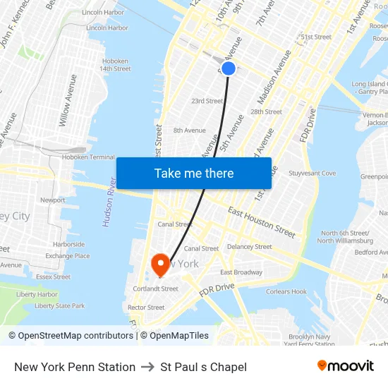 New York Penn Station to St Paul s Chapel map