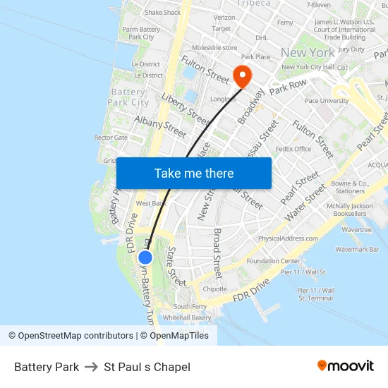 Battery Park to St Paul s Chapel map