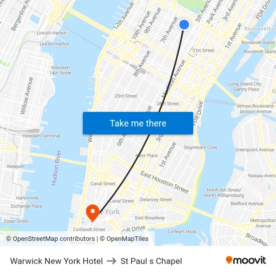 Warwick New York Hotel to St Paul s Chapel map