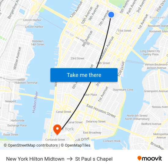 New York Hilton Midtown to St Paul s Chapel map