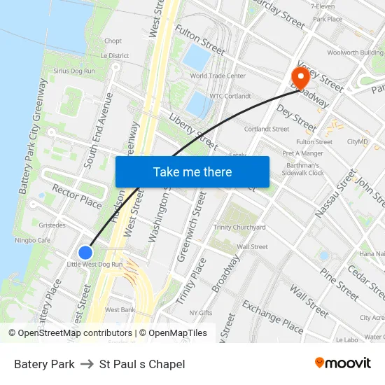 Batery Park to St Paul s Chapel map