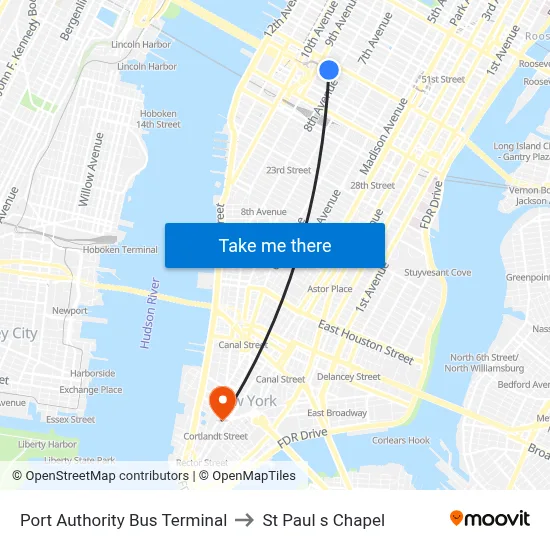Port Authority Bus Terminal to St Paul s Chapel map