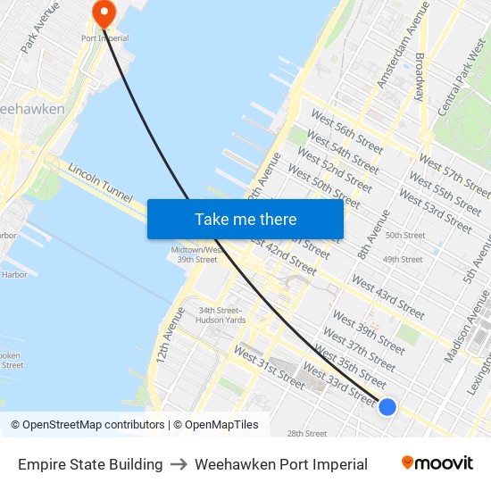 Empire State Building to Weehawken Port Imperial map
