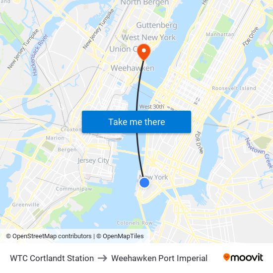 WTC Cortlandt Station to Weehawken Port Imperial map