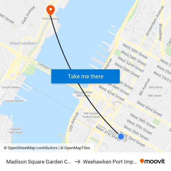 Madison Square Garden Center to Weehawken Port Imperial map