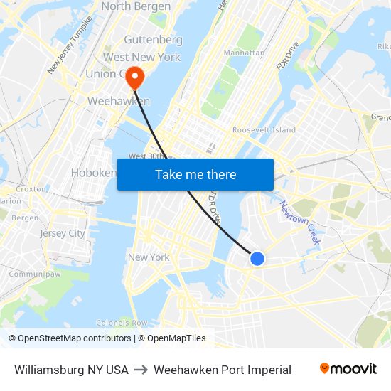 Williamsburg NY USA to Weehawken Port Imperial map