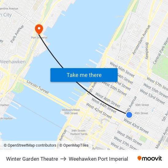 Winter Garden Theatre to Weehawken Port Imperial map